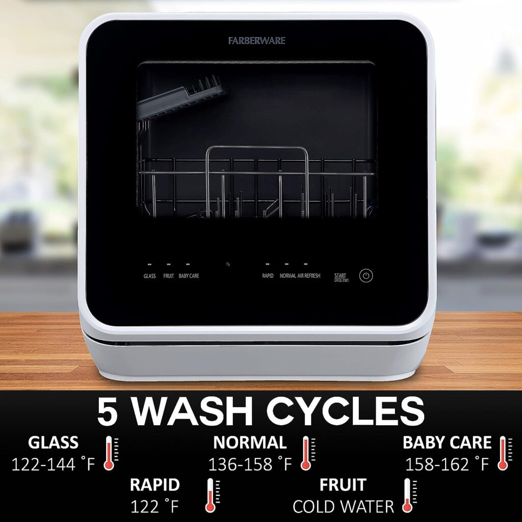 Farberware ‎FDW05ASBWHA Portable Countertop Dishwasher with 5-Liter Built-in Water Tank - 5-Program System for Home, RV, and Apartment - Wash Dishes, Glass, Fruit, and Baby Products