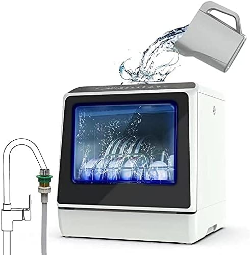 Portable Countertop Dishwasher, 5 Washing Programs, Built-in 3-Cups Water Tank, 3D Cyclone Spray, Fruit  Vegetable Cleaning with Basket, High Temperature, Air Drying - Lights, Faucet Adapter Included